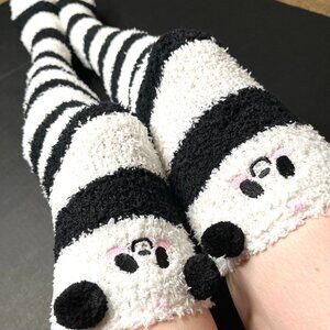 Long Fuzzy Knee Socks Black Panda Furry Thigh Highs Leggings White Stocking Warm
